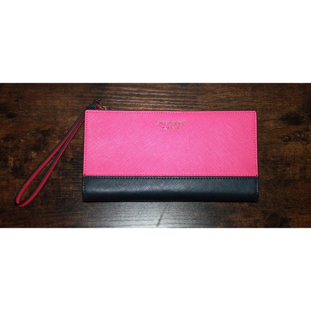 KATE SPADE New York Leather Checkbook Wallet Fuchsia & Navy  W/ Strap NEW